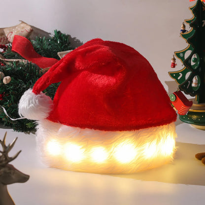 Red and white plush Santa hat with LED lights glowing in multiple colours, featuring a pom-pom and stretchy spandex material