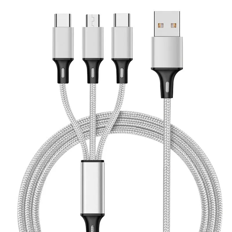 Red 3-in-1 nylon braided charging cable with three connector types on a 1.2m cord