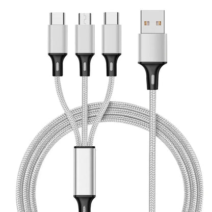 Red 3-in-1 nylon braided charging cable with three connector types on a 1.2m cord