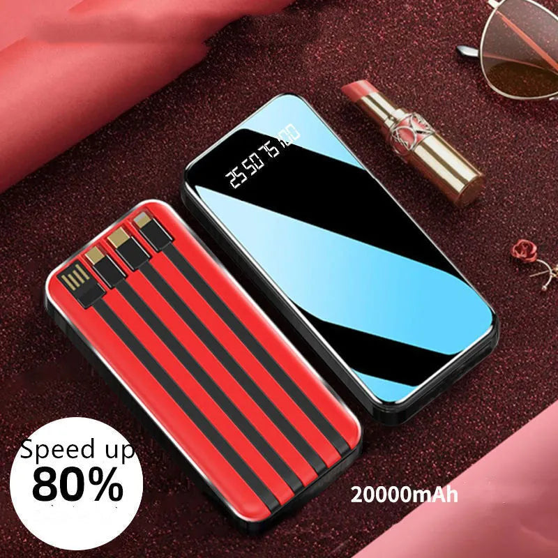 Portable power bank with digital display showing battery percentage and multiple charging ports