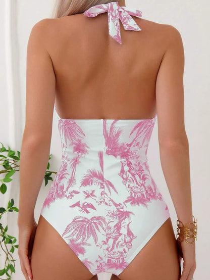Women's printed V-neck one-piece swimsuit in polyester available in multiple colours and sizes