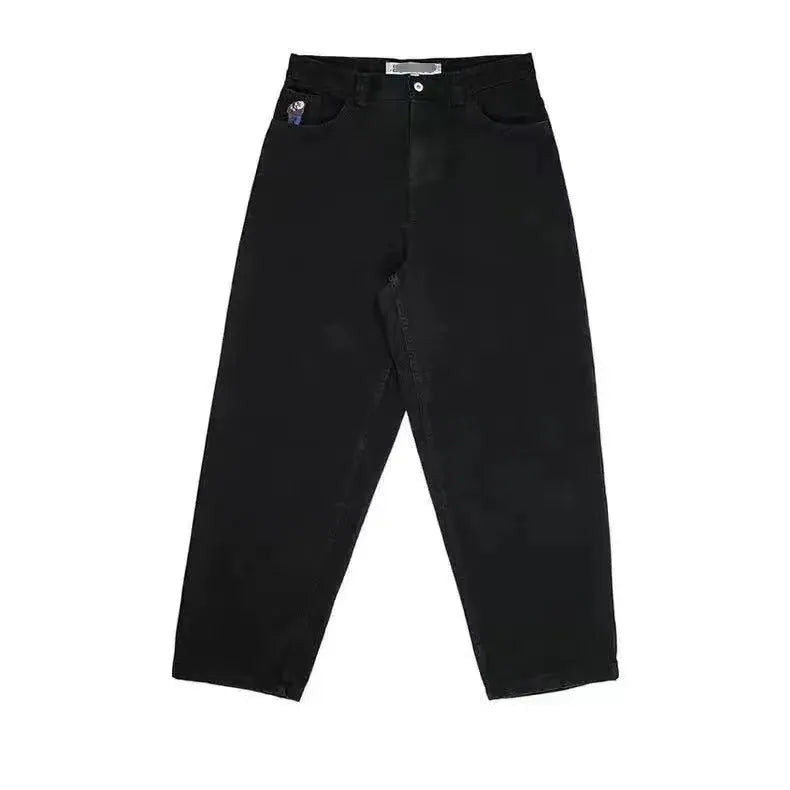 Men's straight-leg denim trousers with retro printed patterns, personalised design options in polyester fabric available in N25 dark blue, N25 black, and N25 light blue colourways in S, M, L, XL, and XXL sizes