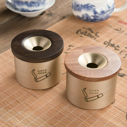 Retro brass ashtray with wooden lid on copper base, showing 12cm diameter and central hole