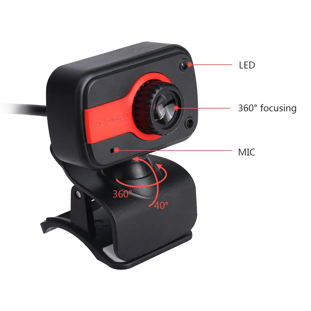 Blue mini USB webcam with a 1.45m cable showing its 360-degree rotating head on a laptop.