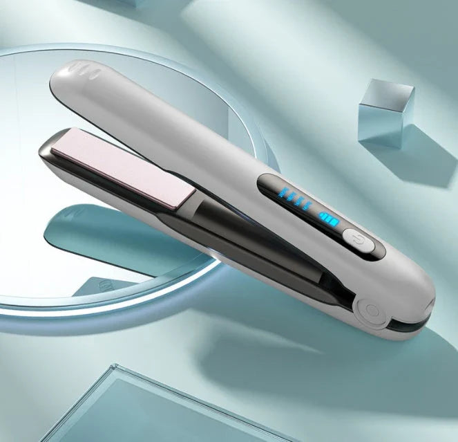 Cordless hair straightener and curler with ceramic plates, 4 heat settings, and 5000mAh rechargeable battery for on-the-go styling