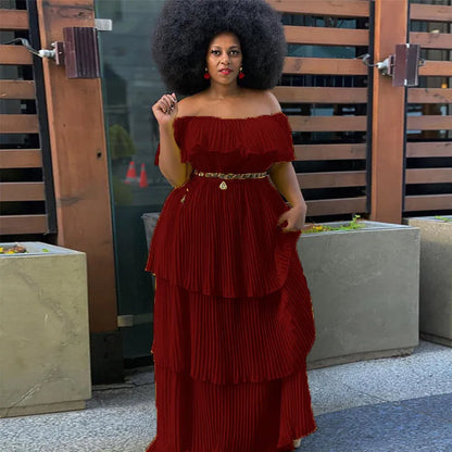 Off-shoulder backless sleeveless pleated maxi dress in yellow red green purple black wine red, sizes S to 4XL