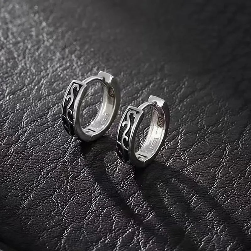 Men's geometric copper hip-hop earrings on a flat surface, showing 10mm and 14mm size options.