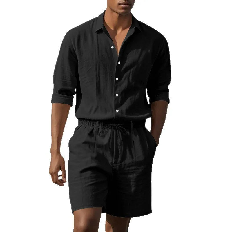 Linen long sleeve shirt and shorts casual suit set shown in available colours: white, black, khaki, light blue, gray.