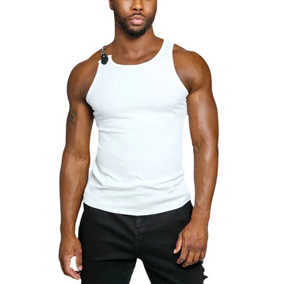 A sleeveless tight-fit vest in a solid colour, shown in either white or black.