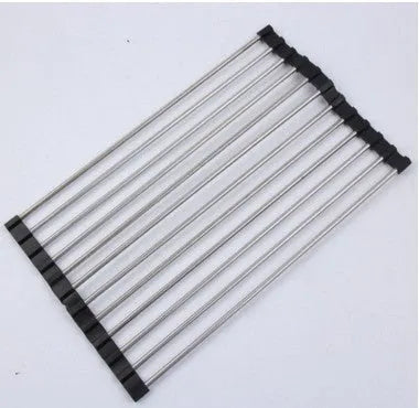 Folding stainless steel kitchen drain rack with coloured plastic tubes, shown open for use.