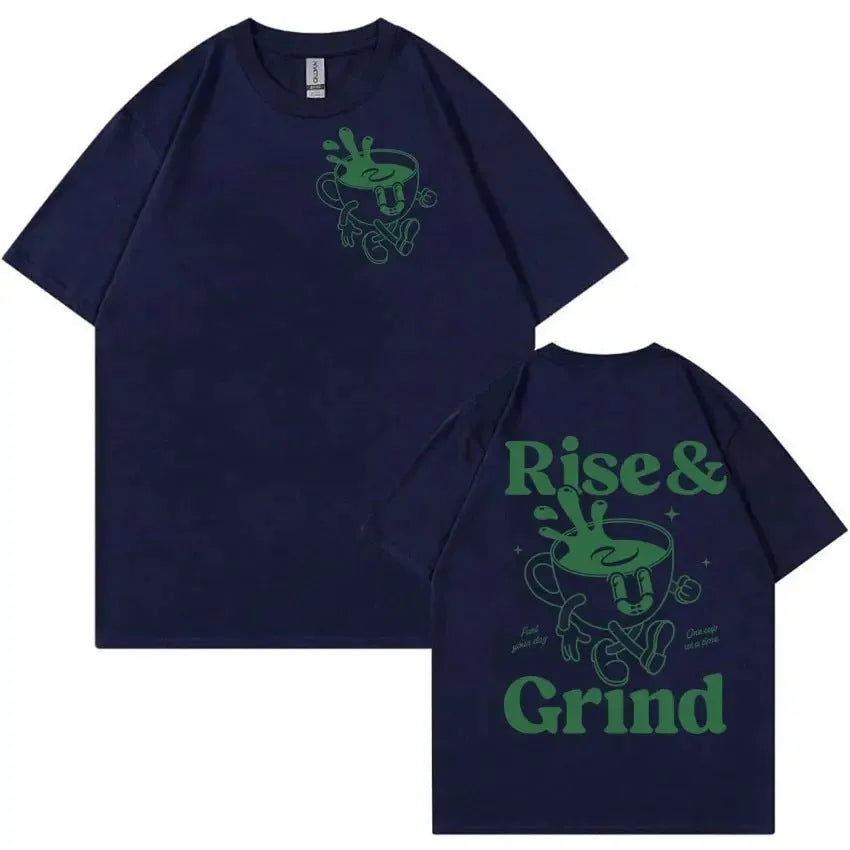 Men's loose grey linen t-shirt with a printed green coffee cartoon and 'Rise and Grind' text.