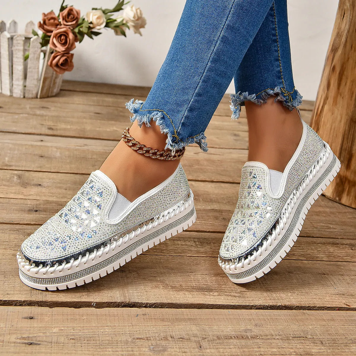Women's casual suede flat sneakers with floral pattern and rhinestone sequin detail, low top, round toe, black beige or yellow