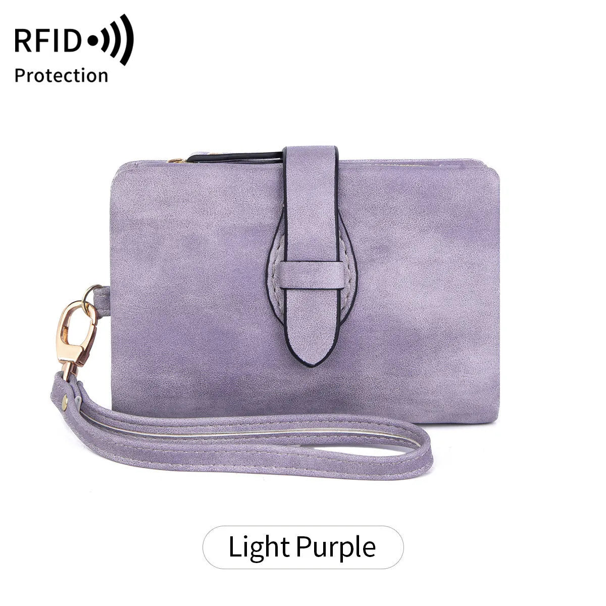 RFID women's short wallet in PU leather with sewing line detail, available in eight colours