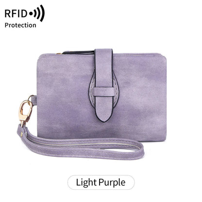 RFID women's short wallet in PU leather with sewing line detail, available in eight colours