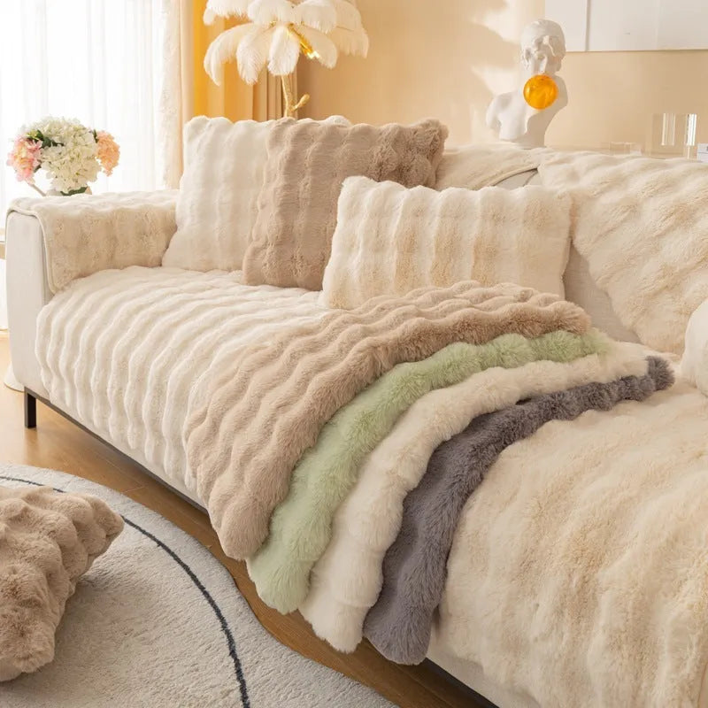 Modern solid colour sofa cushion with thickened bubble rabbit hair plush fabric on a combination sofa.
