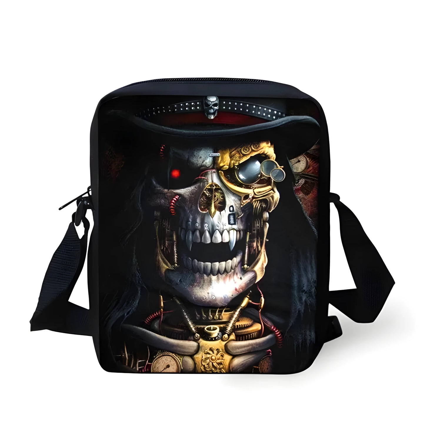 Skull print children's messenger bag with adjustable double straps and zipper closure, shown in a casual setting.