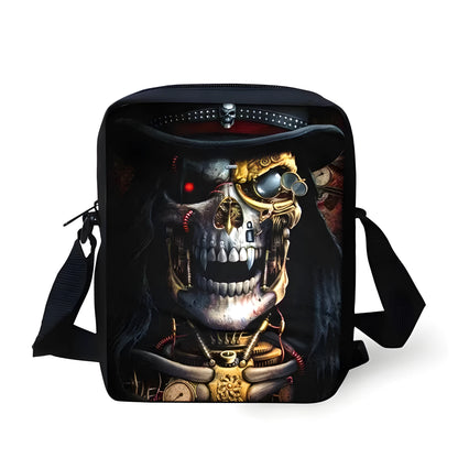 Skull print children's messenger bag with adjustable double straps and zipper closure, shown in a casual setting.
