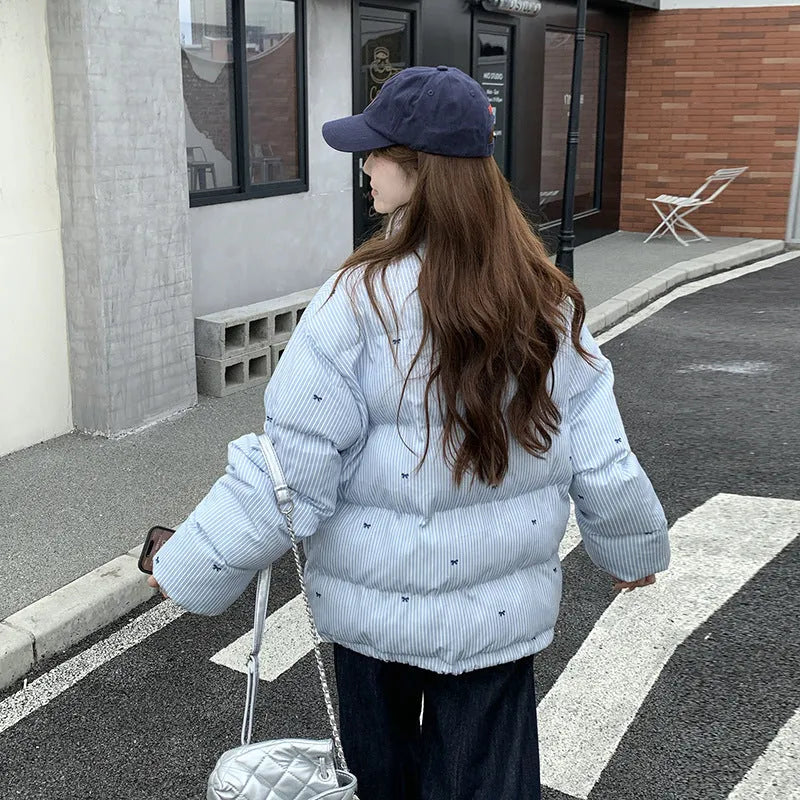 Women's plaid bow print loose cotton coat with long sleeves and pockets in blue or purple, sizes M L XL
