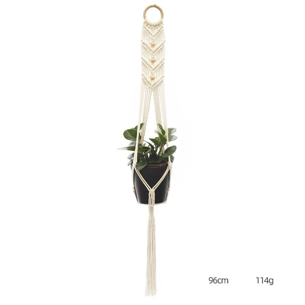 Hand-knitted cotton flowerpot net bag showing intricate pattern and hanging installation with plant