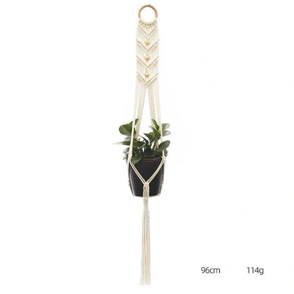 Hand-knitted cotton flowerpot net bag showing intricate pattern and hanging installation with plant