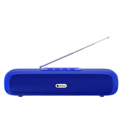 Long strip wireless desktop subwoofer speaker in black, blue, red, or silver grey colour options.