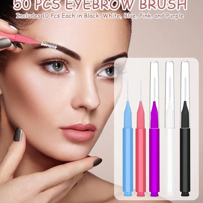 Micro eyebrow and lash brush set with bendable heads in five colours, including spoolies and protective caps