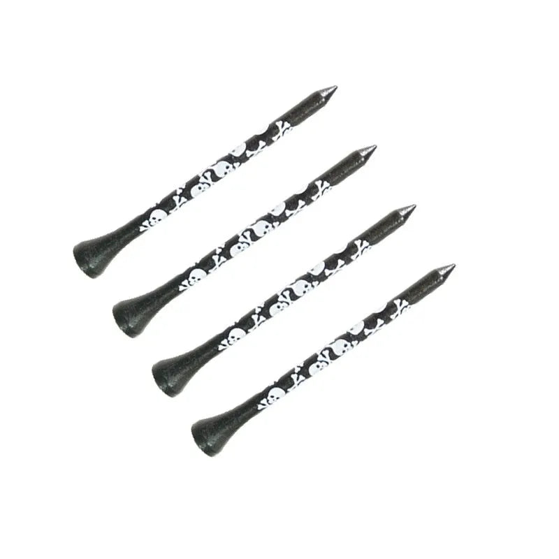 Ten black bamboo dowel pins with skull print for golf tees, showing 70mm and 83mm length options.