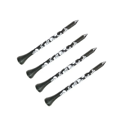 Ten black bamboo dowel pins with skull print for golf tees, showing 70mm and 83mm length options.