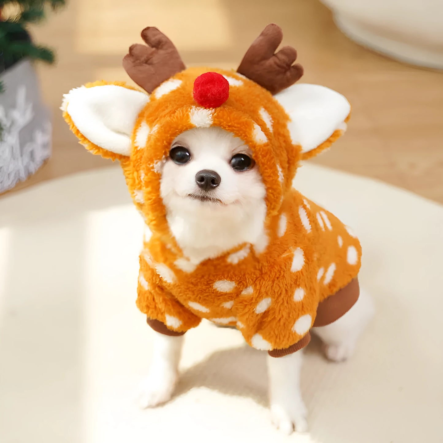 Elk-themed fleece-lined dog Christmas costume shown in size options from XS to XXL