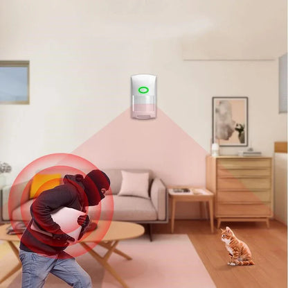 Infrared body sensor alarm with Wi-Fi connectivity, featuring long-range detection, wide coverage angle, and pet-proof sensitivity for comprehensive home security