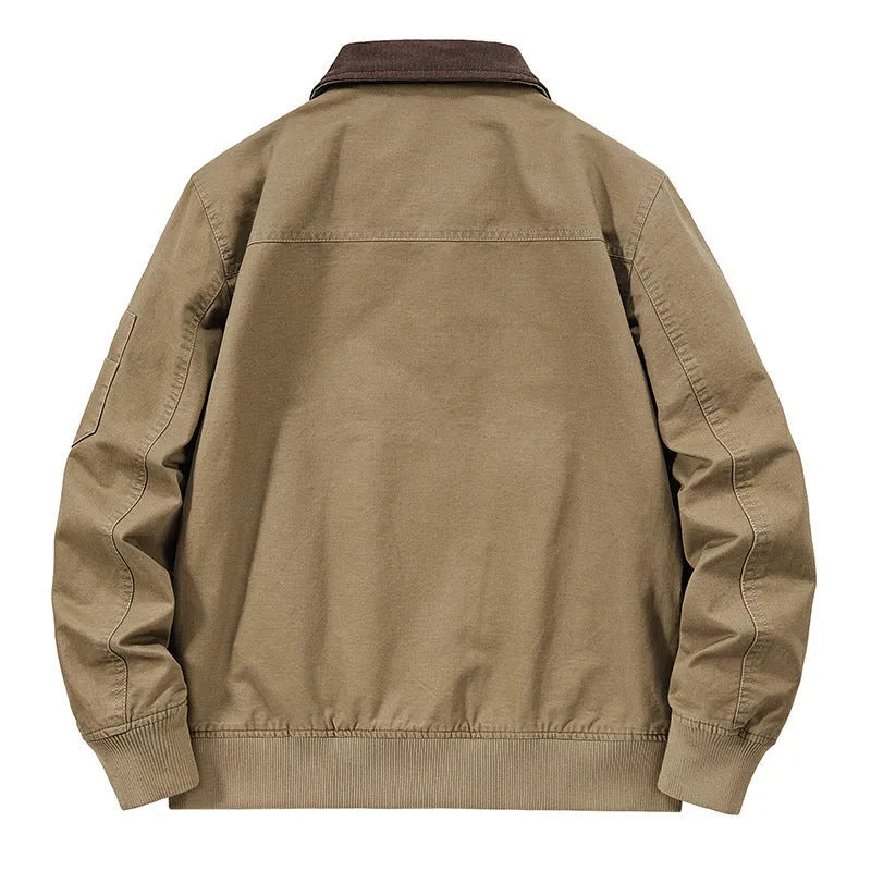 Men's plus-size washed cotton baseball flight jacket in camel, black, army green, or beige.
