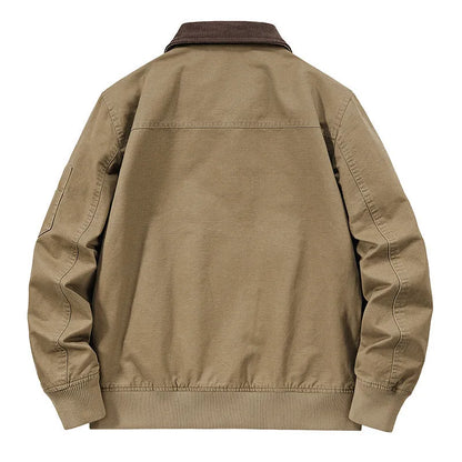 Men's plus-size washed cotton baseball flight jacket in camel, black, army green, or beige.