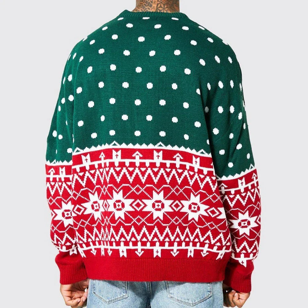 Cozy knit pullover sweater in green and white colors, featuring a relaxed, loose-fitting silhouette and premium jacquard texture.