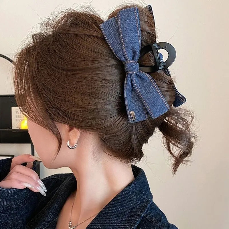 Women's handmade hair clip with denim fabric bow triangle decoration and plastic grip