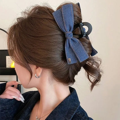 Women's handmade hair clip with denim fabric bow triangle decoration and plastic grip