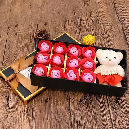 12 rose soap flowers with bear accents in basket arrangement, red colour variant in gift box