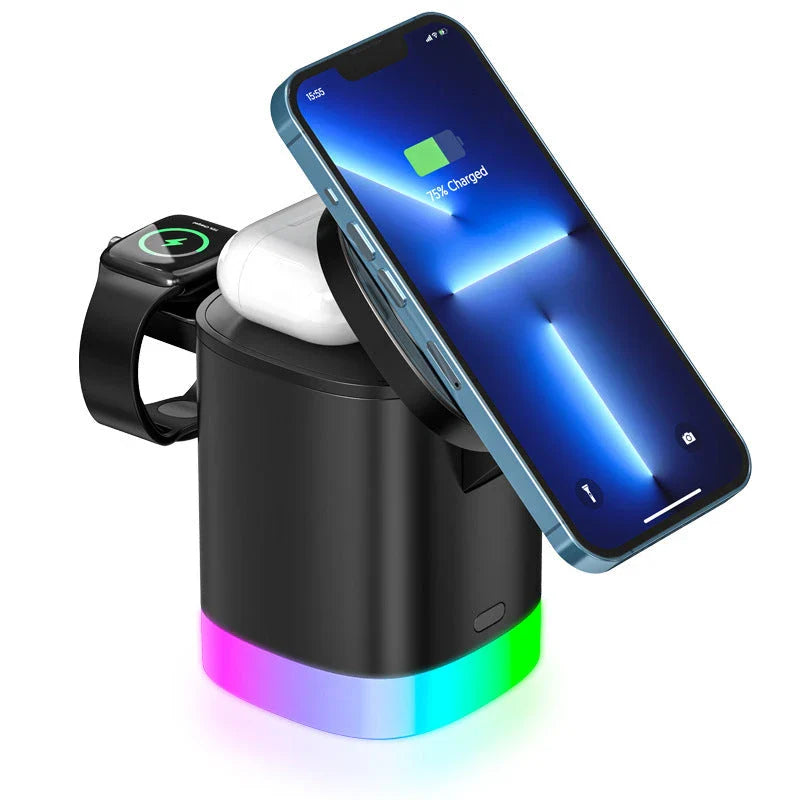 3-in-1 wireless charging station with magnetic functionality and smart lighting for smartphones, smartwatches, and earbuds