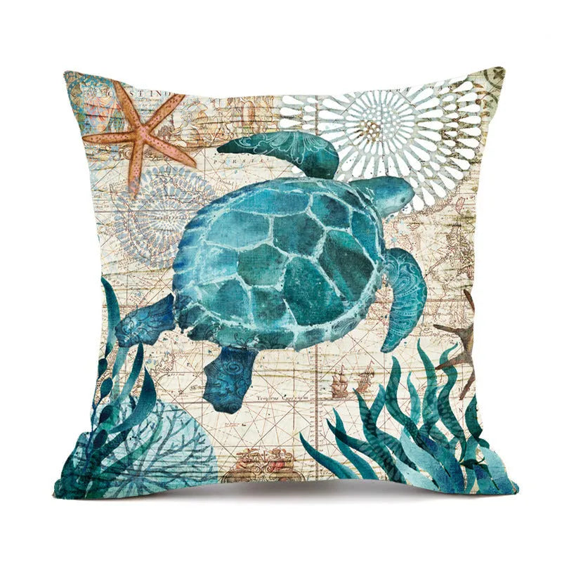Linen cushion cover with detailed sea turtle pattern, showing invisible zipper closure.