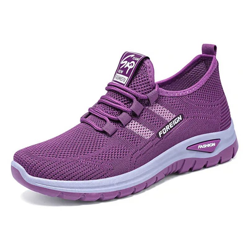 Casual breathable mesh shoes with flat PVC sole in purple, grey, red, and black colour options