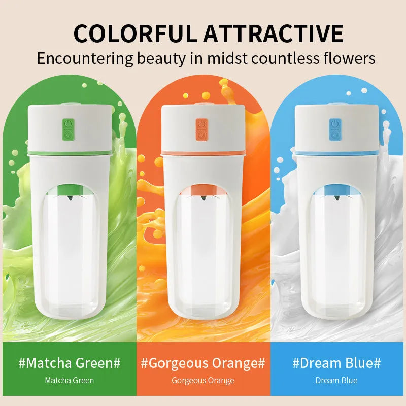 Blue portable USB rechargeable electric juicer blender with a large feed cap on a kitchen counter.