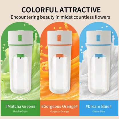 Blue portable USB rechargeable electric juicer blender with a large feed cap on a kitchen counter.