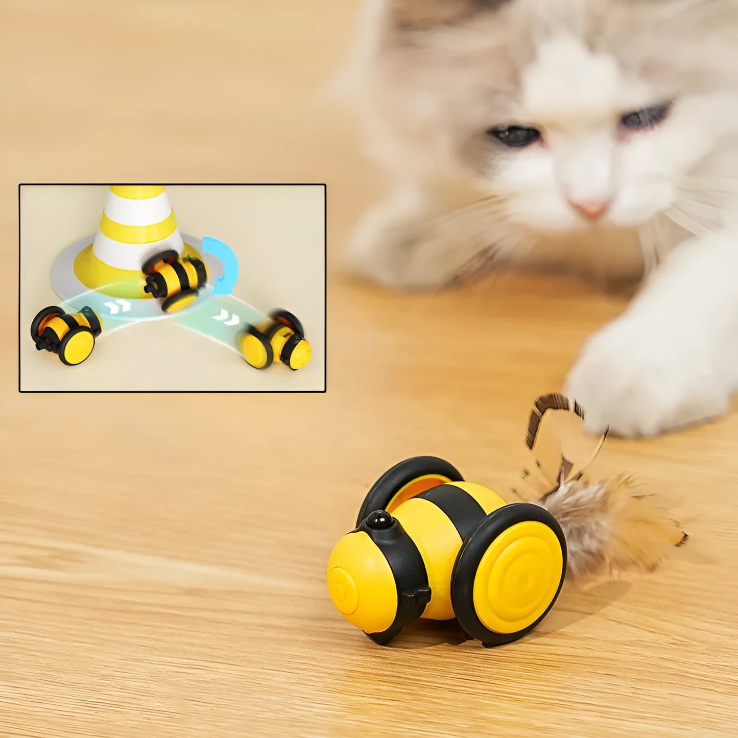 Electric cat toy with bee design and feather teaser in pink or yellow colour options