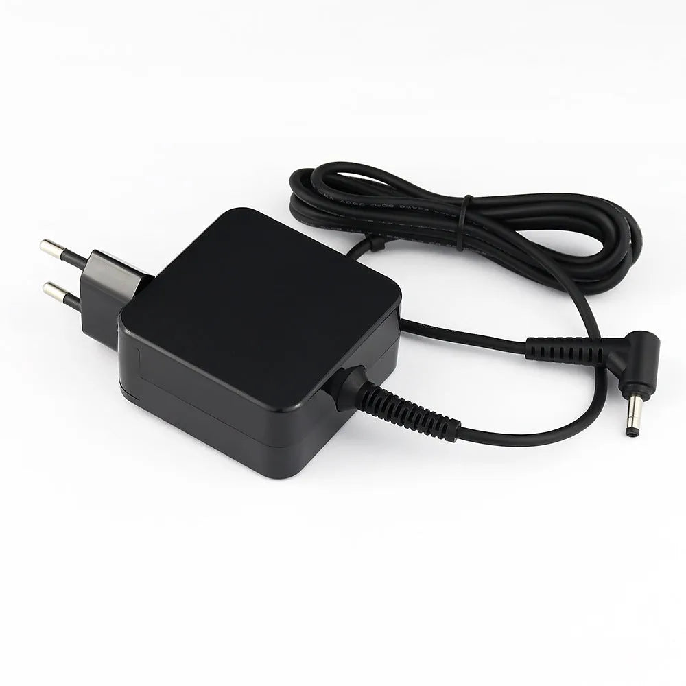 Black 45W laptop adapter with DC connector, compact design measuring 99.3mm by 36.5mm by 61.8mm, includes charging cable