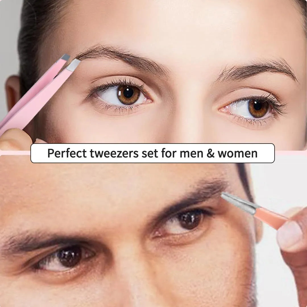 Professional stainless steel eyebrow tweezers set with scissors, brush, and leather case.