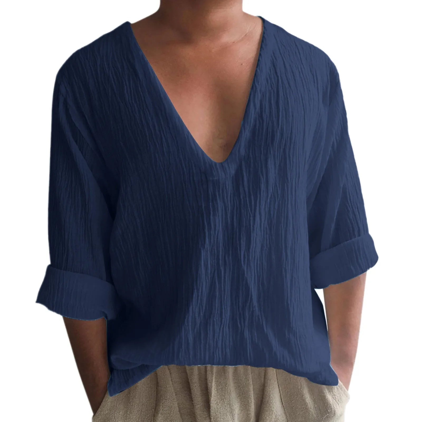 Men's long sleeve V-neck t-shirt in washed cotton, shown in a solid colour.