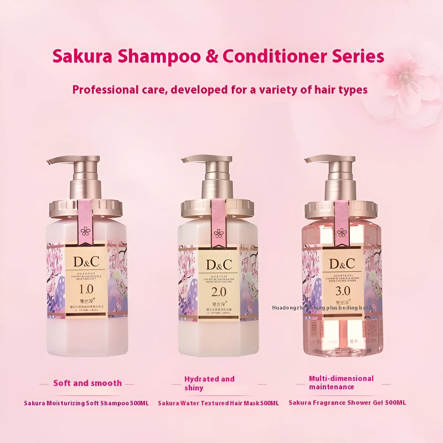 Cherry blossom shampoo, hair mask, and shower gel wash suite set with 500ml bottle.