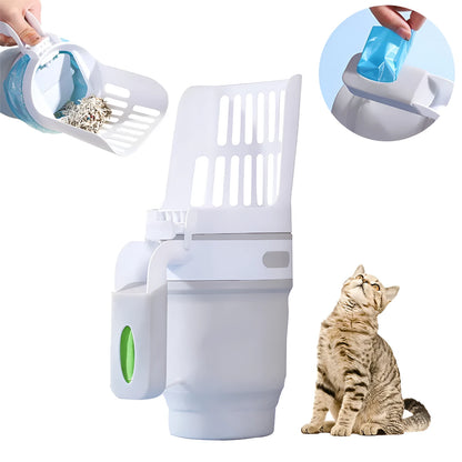 Grey, blue, or green pet litter scoop with attached waste collection bin and foldable bottom