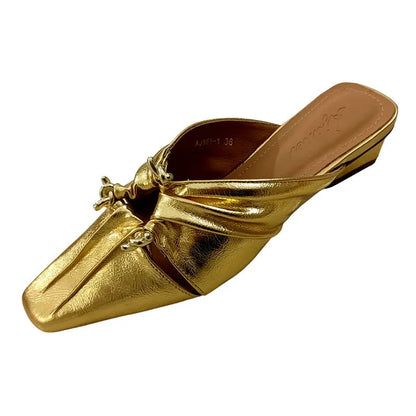 Women's genuine leather half toe cap slippers in gold colour with square head design and low heel