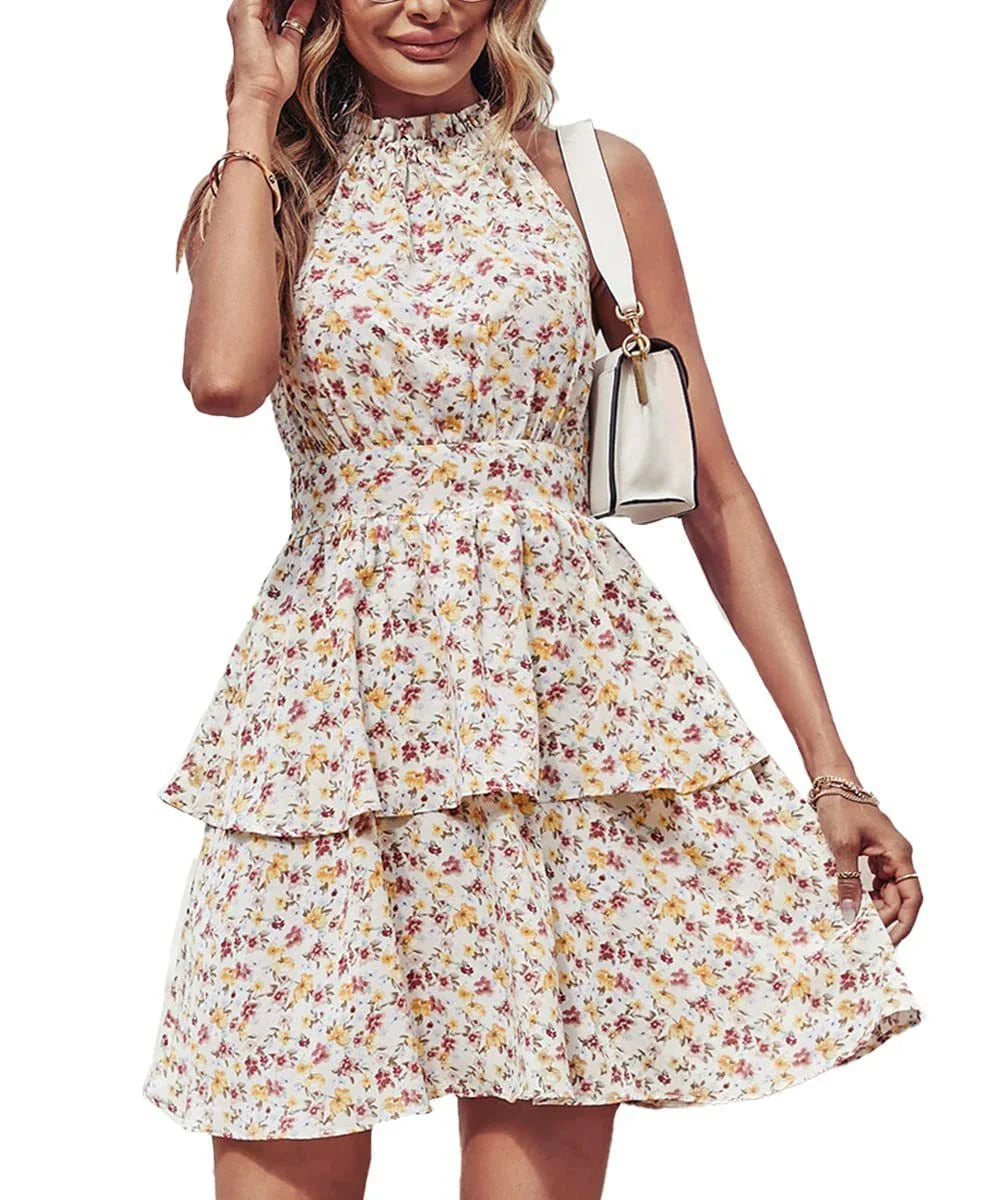 Chic backless halter dress with ruffled A-line skirt in various vibrant colors