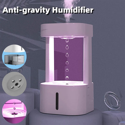 Anti-gravity humidifier with mesmerizing water droplets, designed for portable and quiet operation in home, office, or yoga studio